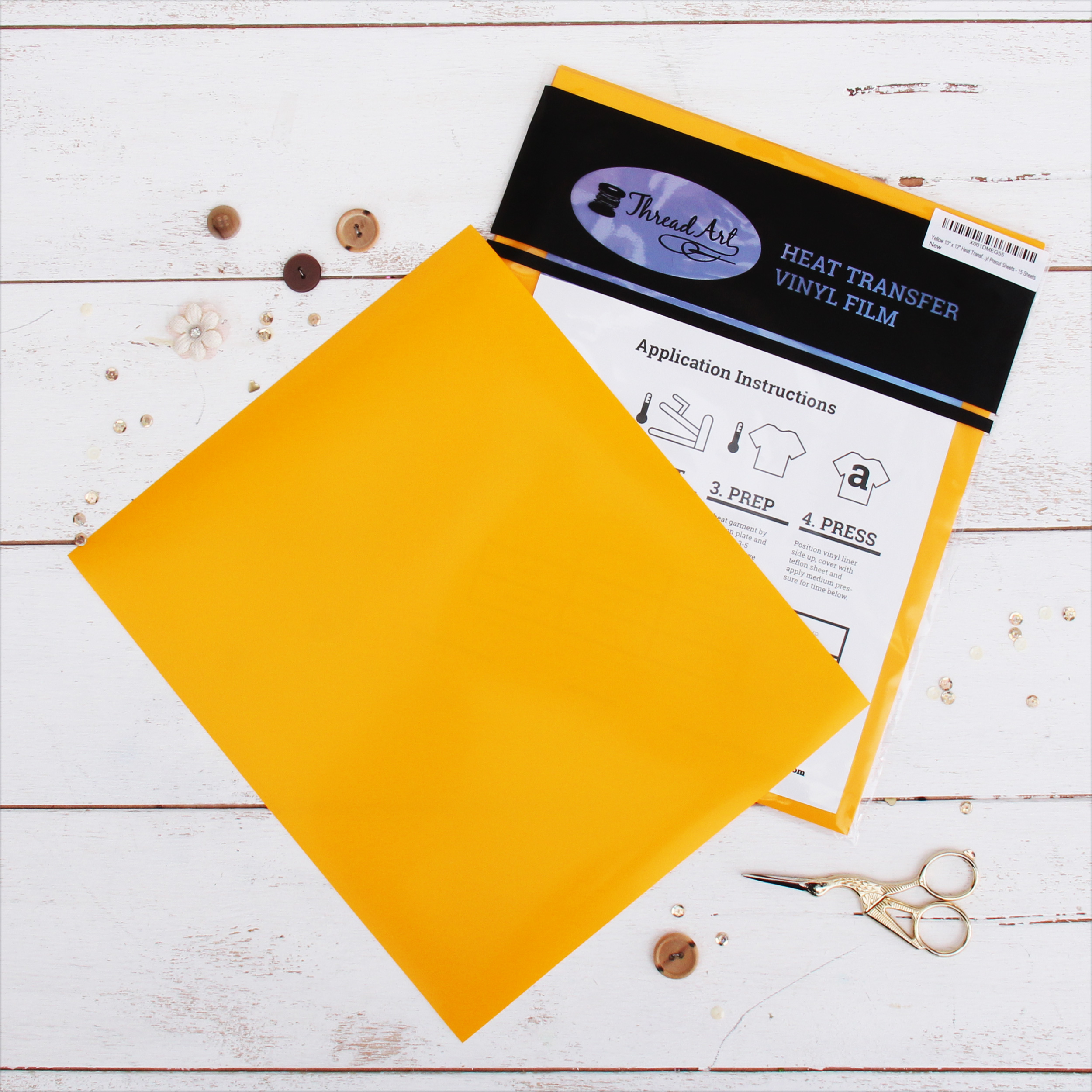 Threadart Yellow 10 x 12 Heat Transfer Vinyl Precut Sheets, Solid Colors, 15 Sheets, Compatible with Cricut Silhouette and Cameo